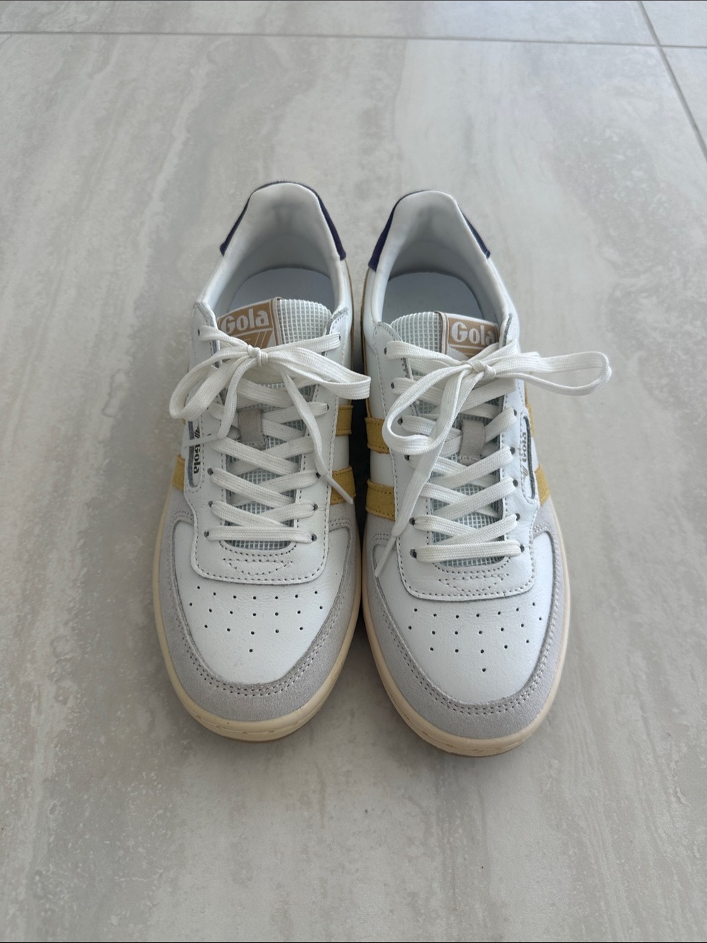NWOT Gola White Sneakers with Yellow Stripes and purple leather back